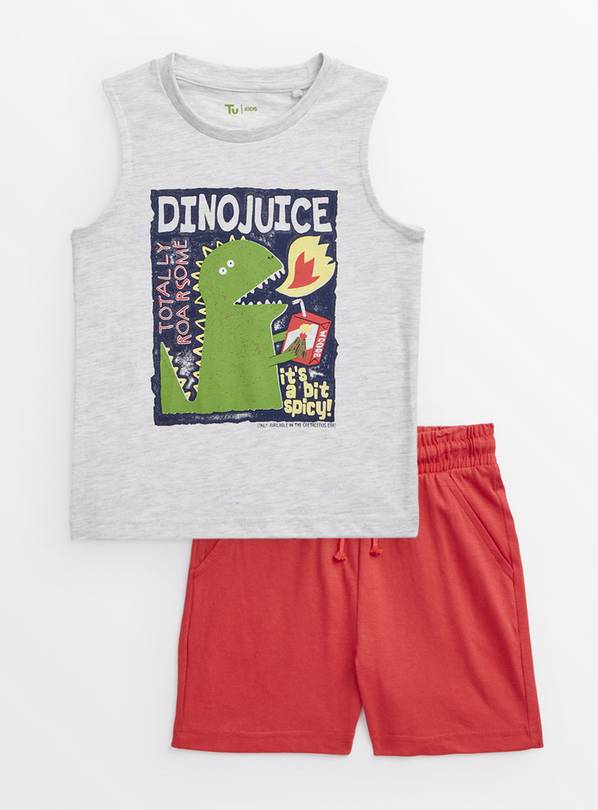White Dinosaur Vest Top & Red Shorts 1-2 years